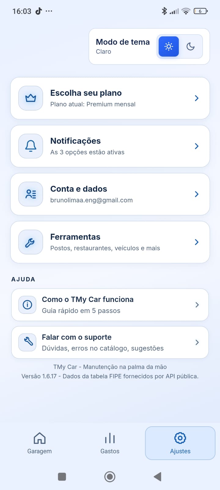 Ajustes com temas, planos, notificações e ferramentas