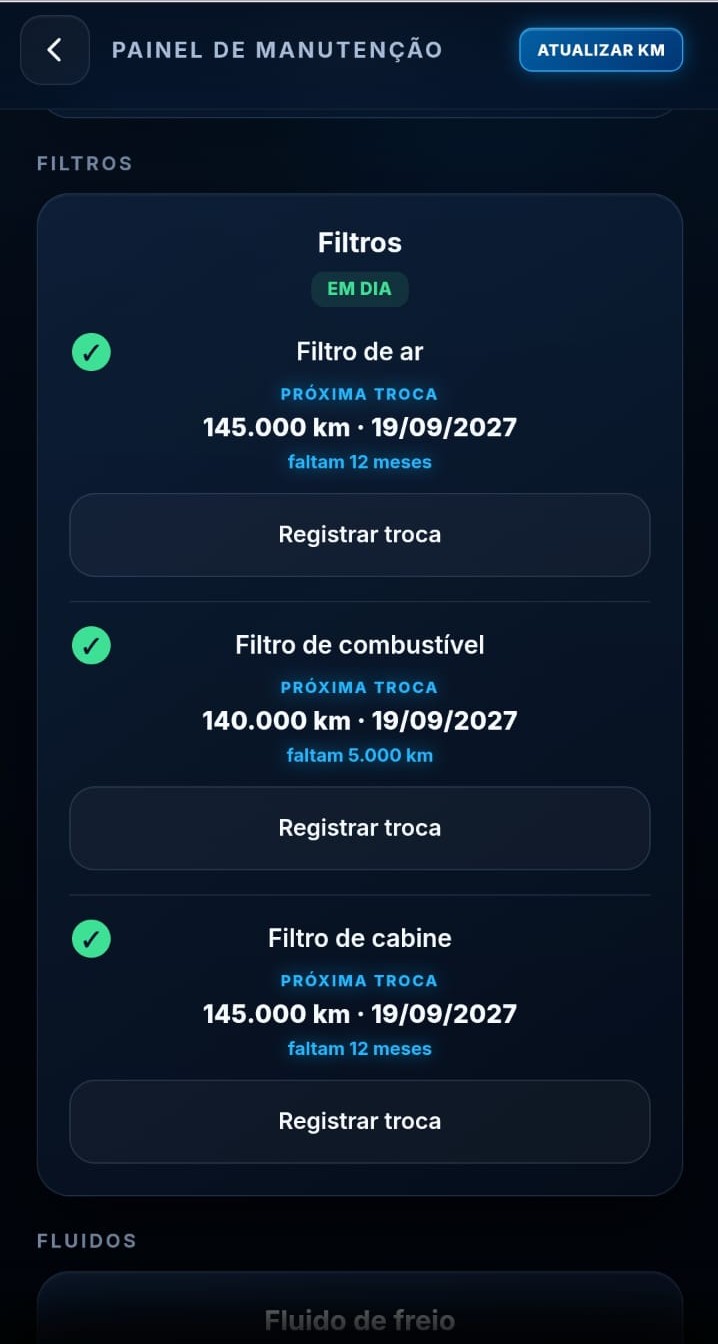 Filtros do veículo com próximas trocas por data e quilometragem