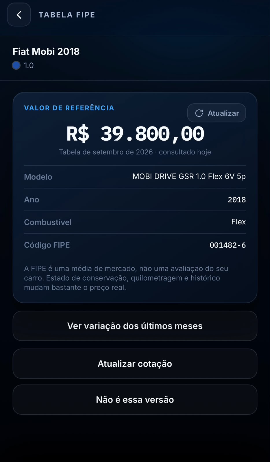 Consulta FIPE com valor de referência e informações do veículo