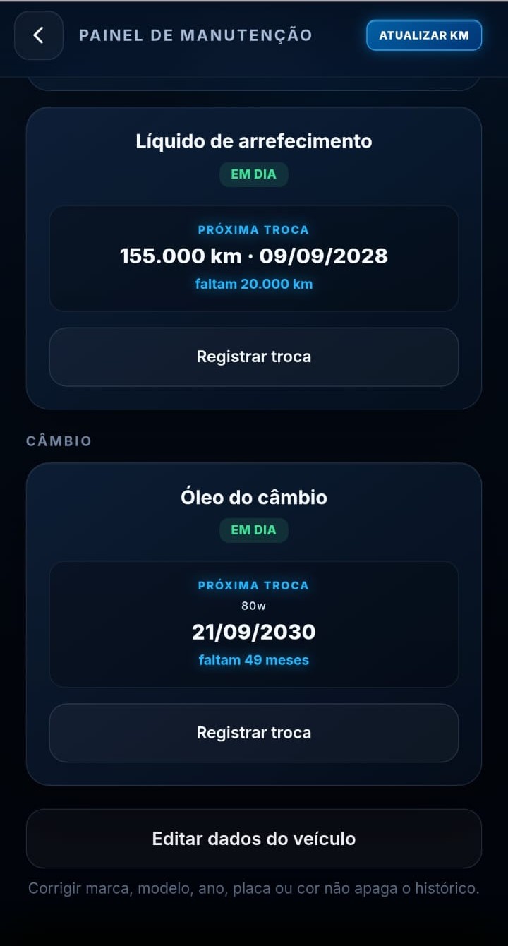 Acompanhamento de líquido de arrefecimento e óleo do câmbio