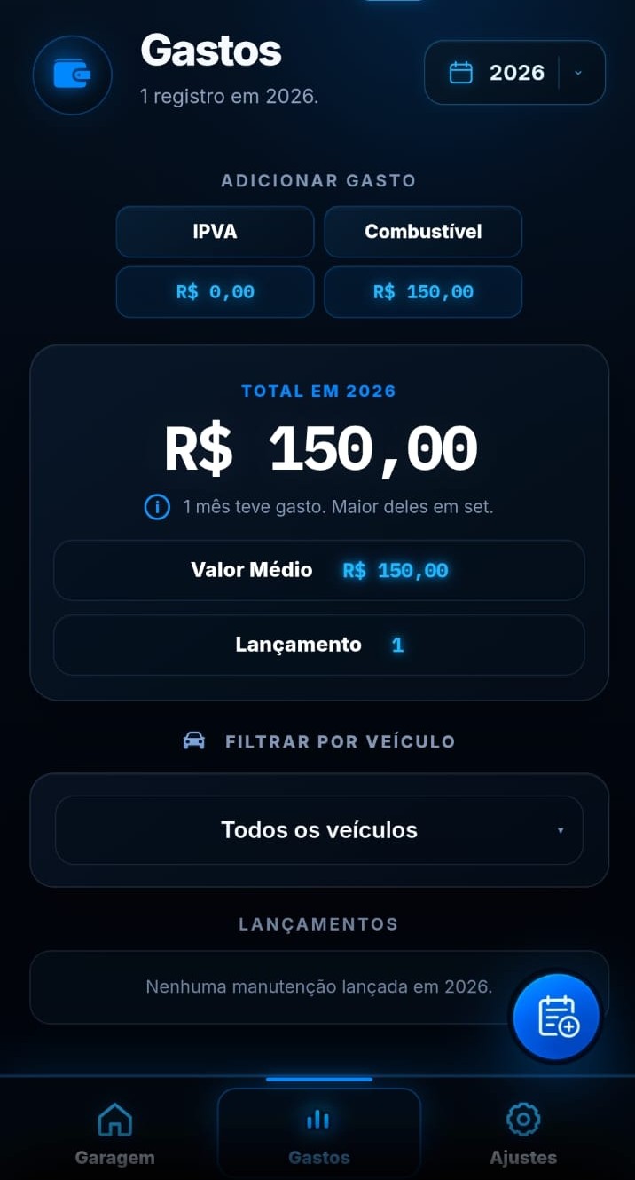 Tela de gastos com total, lançamentos e filtro por veículo