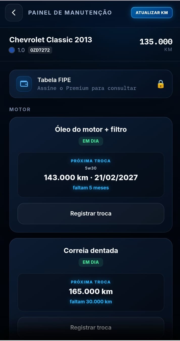 Painel de manutenção com óleo do motor e correia dentada