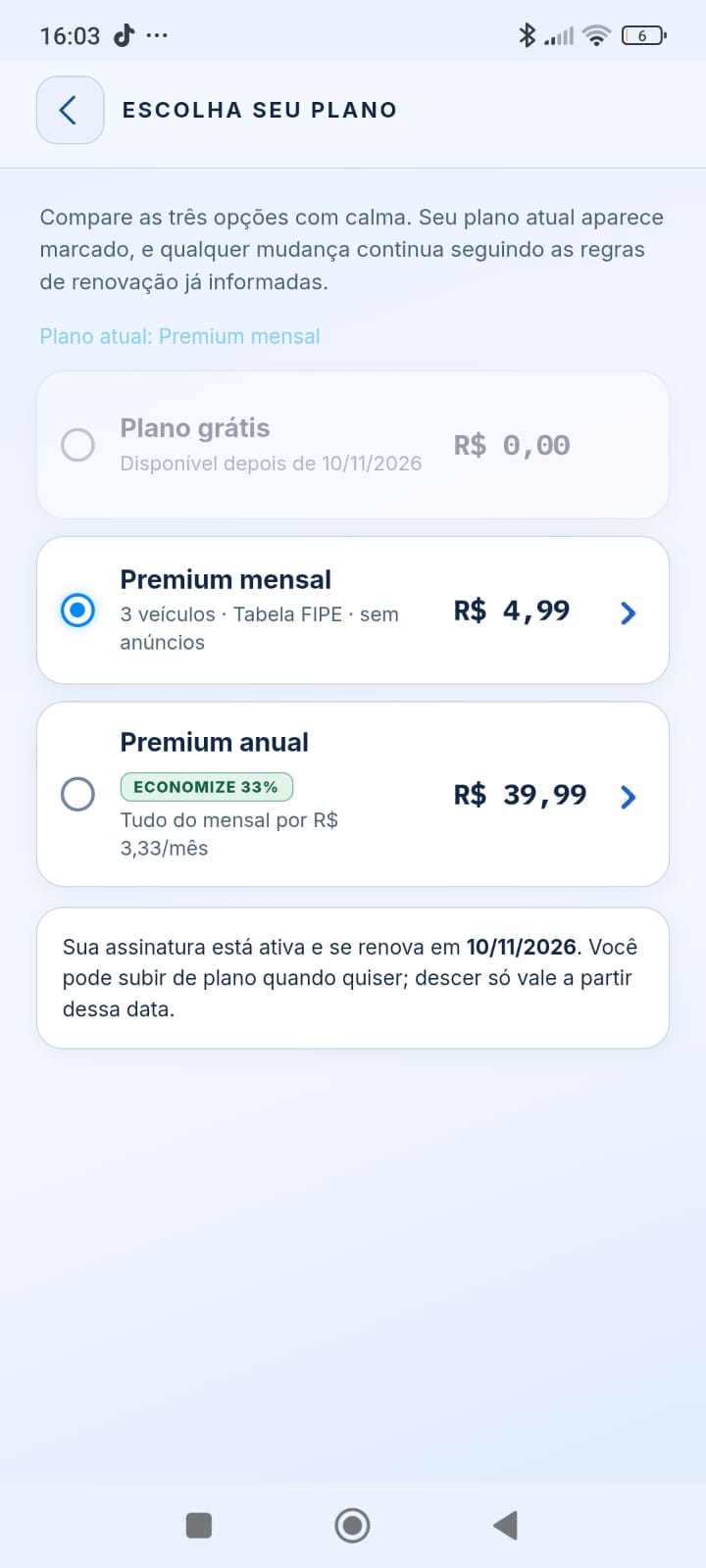 Opções de plano Free, Premium mensal e Premium anual